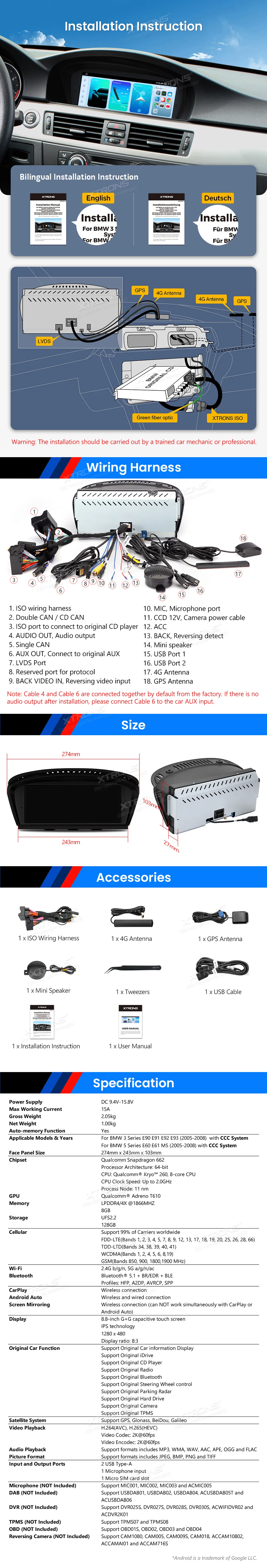 BMW E60 E61 E90 E91 E92 E93 CCC | Android OS | 8.8 inch | 4GB/64GB/8Core Snapdragon 662 | Multimedija Xtrons QBBH8460CC