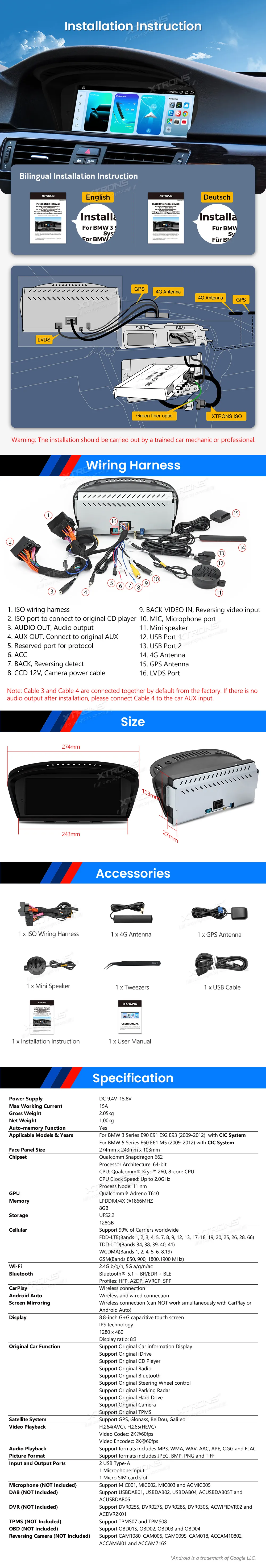 BMW E60 E61 E90 E91 E92 E93 CIC | Android OS | 8.8 inch | 8GB/128GB/8Core Snapdragon 662 | Multimedija Xtrons QBBH8460CI