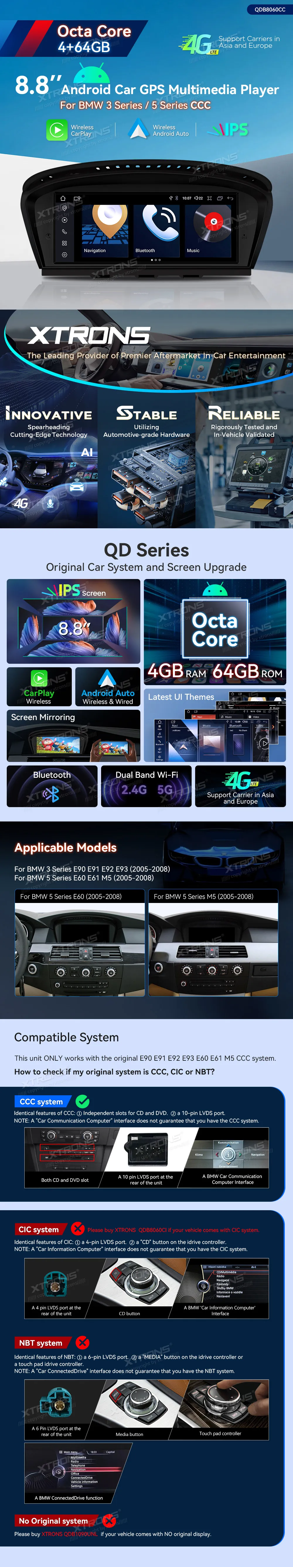 Atnaujinkite savo BMW su pažangia Android 14 sistema – 4+64 GB atmintis, 4G LTE, belaidis CarPlay/Android Auto, ryškus 8.8" IPS ekranas ir pilna integracija su CCC sistema.