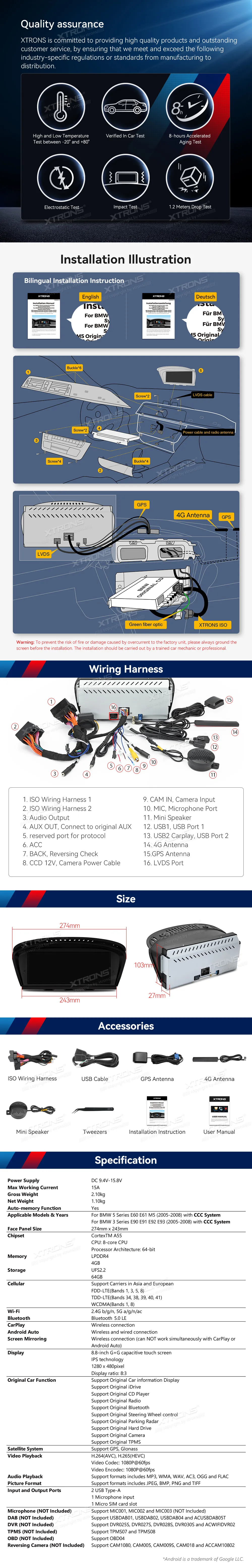 Atnaujinkite savo BMW su pažangia Android 14 sistema – 4+64 GB atmintis, 4G LTE, belaidis CarPlay/Android Auto, ryškus 8.8" IPS ekranas ir pilna integracija su CCC sistema.