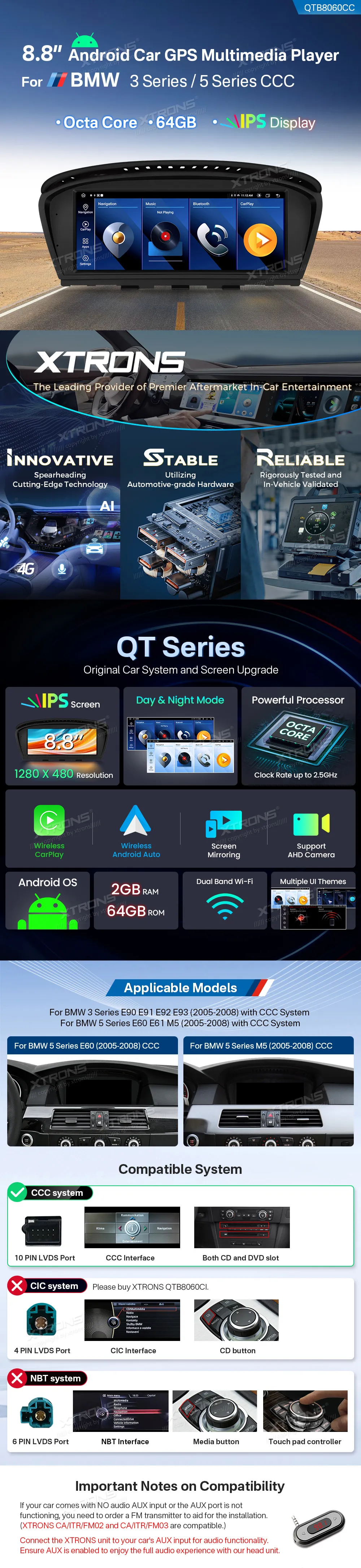 BMW E60 E61 E90 E91 E92 E93 CCC | Android OS | 8.8 inch | 2GB/64GB/8Core | Multimedija Xtrons QTB8060CC
