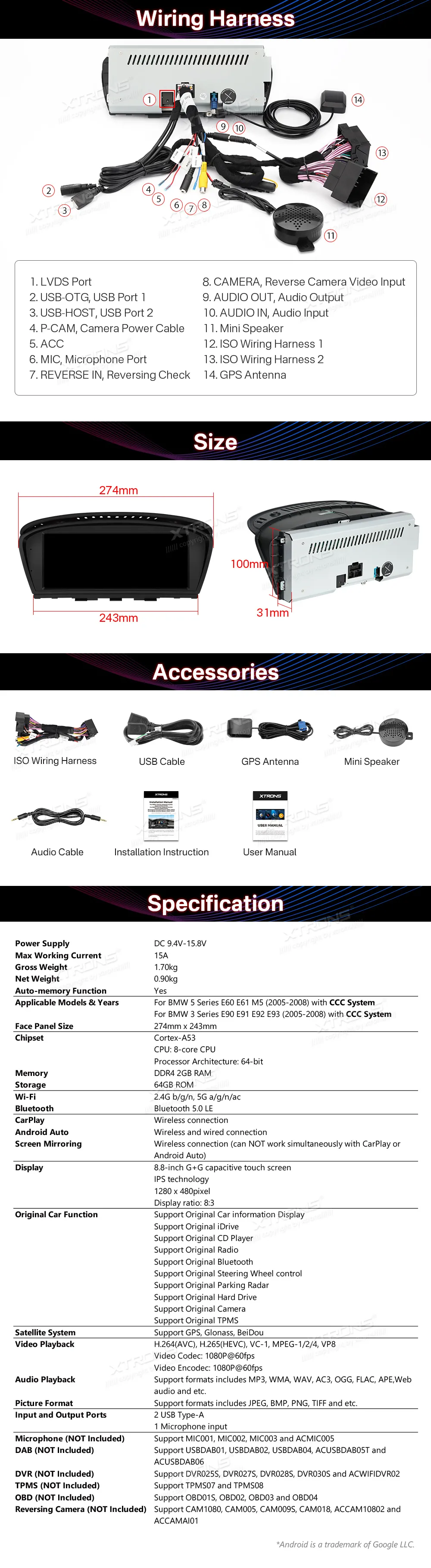 BMW E60 E61 E90 E91 E92 E93 CCC | Android OS | 8.8 inch | 2GB/64GB/8Core | Multimedija Xtrons QTB8060CC