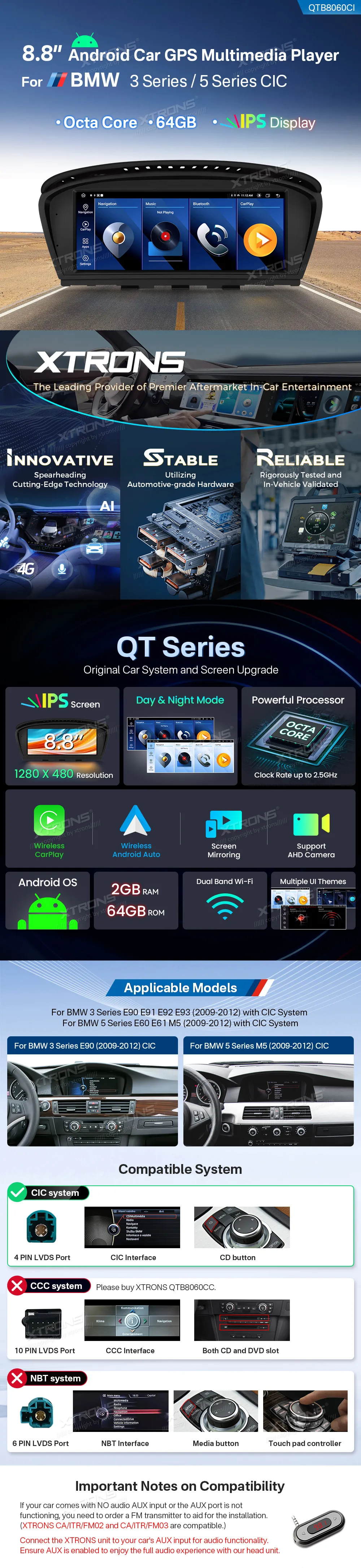 BMW E60 E61 E90 E91 E92 E93 CIC | Android OS | 8.8 inch | 2GB/64GB/8Core | Multimedija Xtrons QTB8060CI