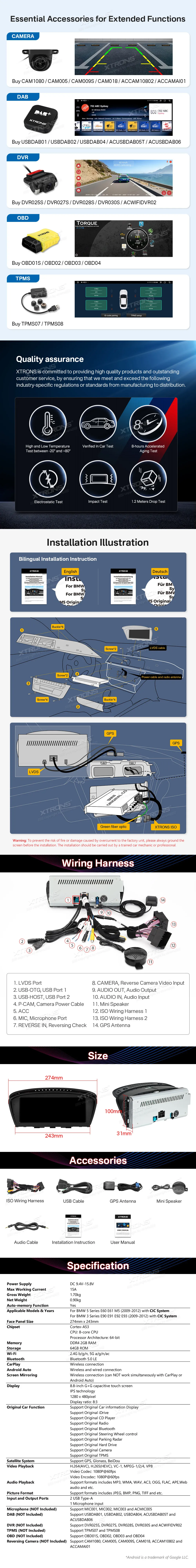 BMW E60 E61 E90 E91 E92 E93 CIC | Android OS | 8.8 inch | 2GB/64GB/8Core | Multimedija Xtrons QTB8060CI