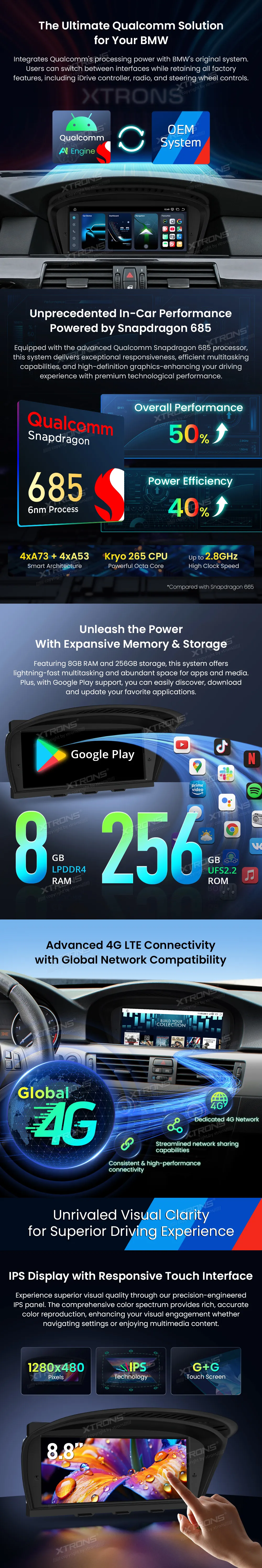 BMW E60 E61 E90 E91 E92 E93 CCC | Android 14 | 8.8 inch | 8GB/256GB/8Core Snapdragon 685 | Multimedija Xtrons QWBX8460CC