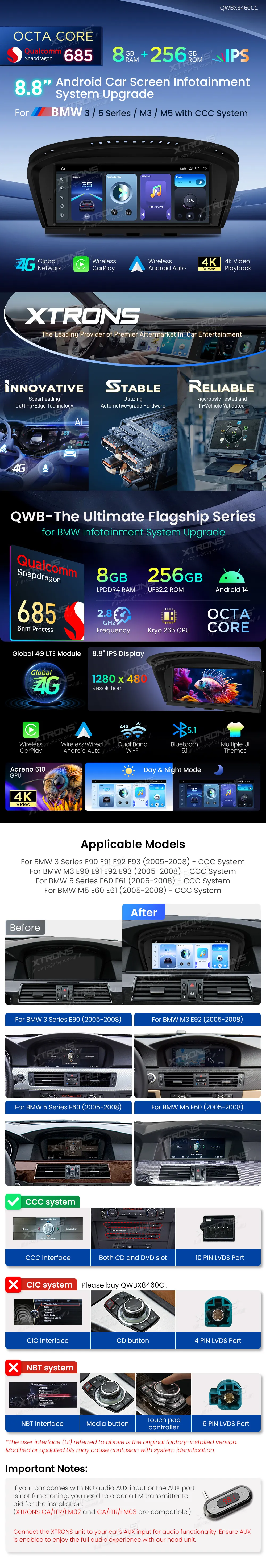 BMW E60 E61 E90 E91 E92 E93 CCC | Android 14 | 8.8 inch | 8GB/256GB/8Core Snapdragon 685 | Multimedija Xtrons QWBX8460CC