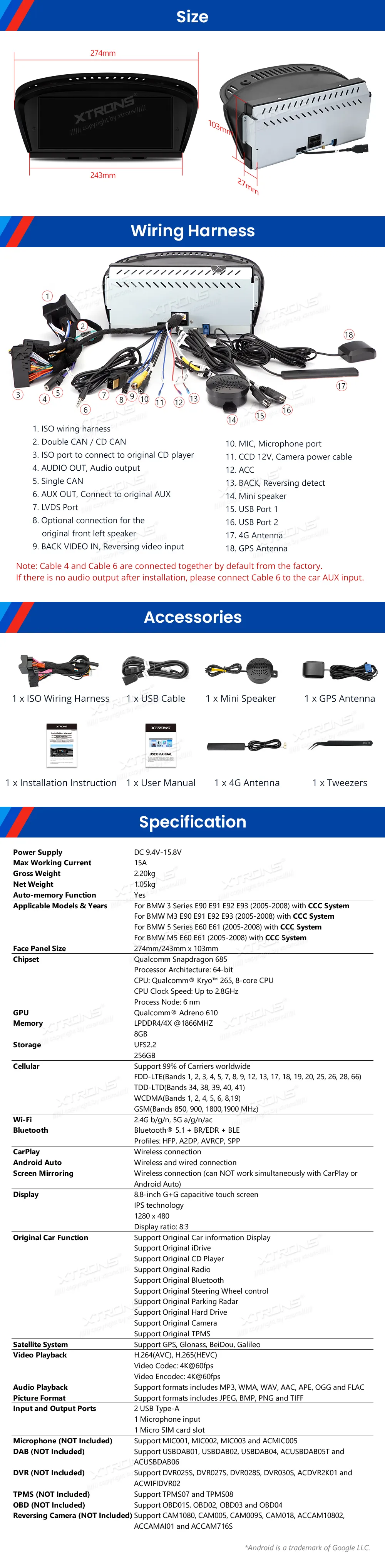 BMW E60 E61 E90 E91 E92 E93 CCC | Android 14 | 8.8 inch | 8GB/256GB/8Core Snapdragon 685 | Multimedija Xtrons QWBX8460CC