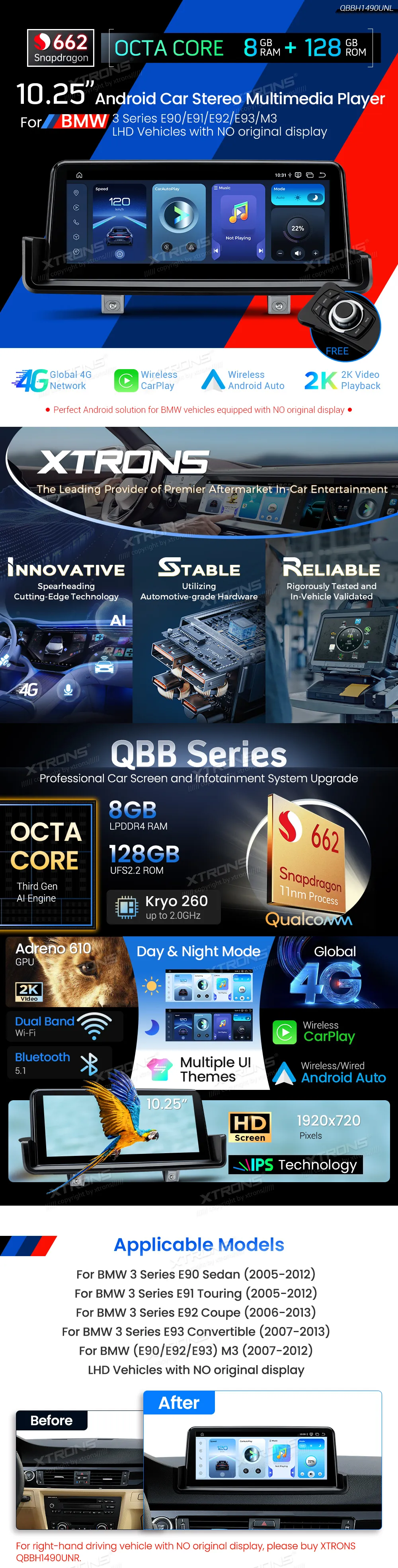 BMW E90 E91 E92 E93 | Android OS | 10.25 inch | 8GB/128GB/8Core Snapdragon 662 | Multimedija Xtrons QBBH1490UNL