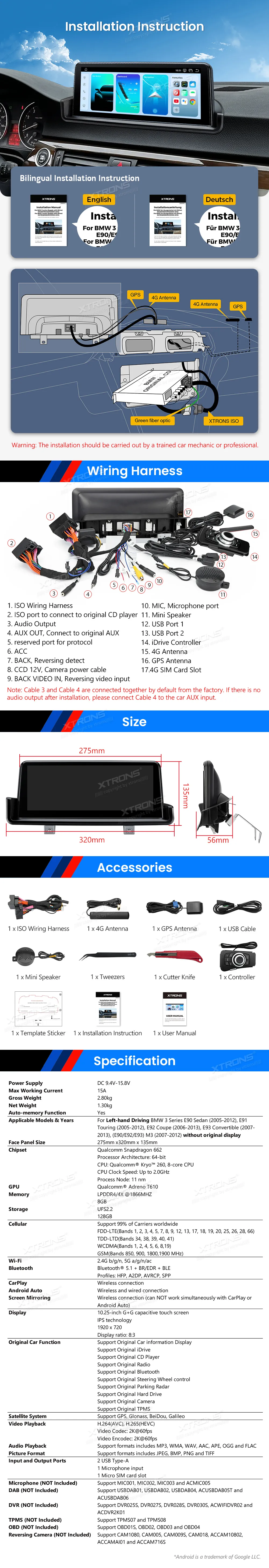 BMW E90 E91 E92 E93 | Android OS | 10.25 inch | 8GB/128GB/8Core Snapdragon 662 | Multimedija Xtrons QBBH1490UNL