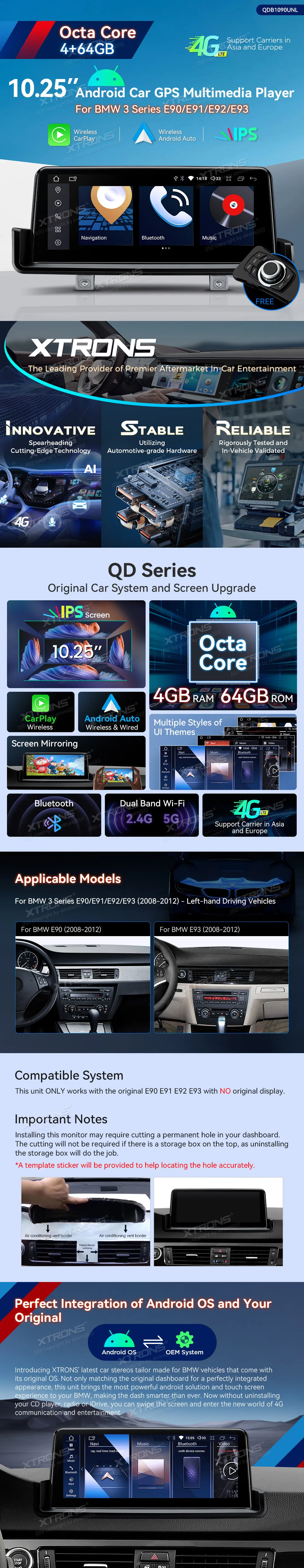 BMW E90 E91 E92 E93 be ekrano | Android OS | 10.25 inch | 4GB/64GB/8Core | Multimedija Xtrons QDB1090UNL