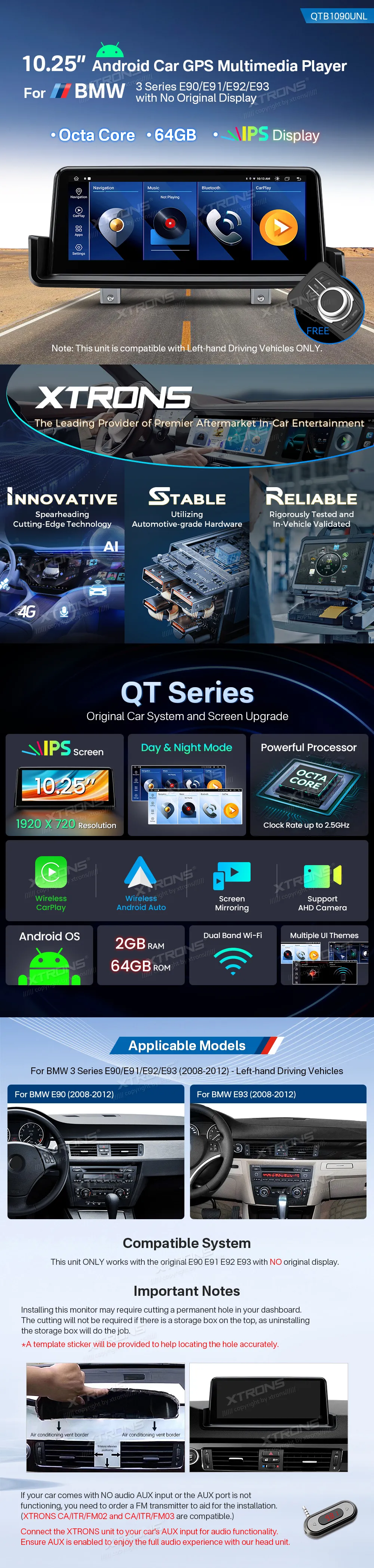 BMW E90 E91 E92 E93 be ekrano | Android OS | 10.25 inch | 4GB/64GB/8Core | Multimedija Xtrons QTB1090UNL