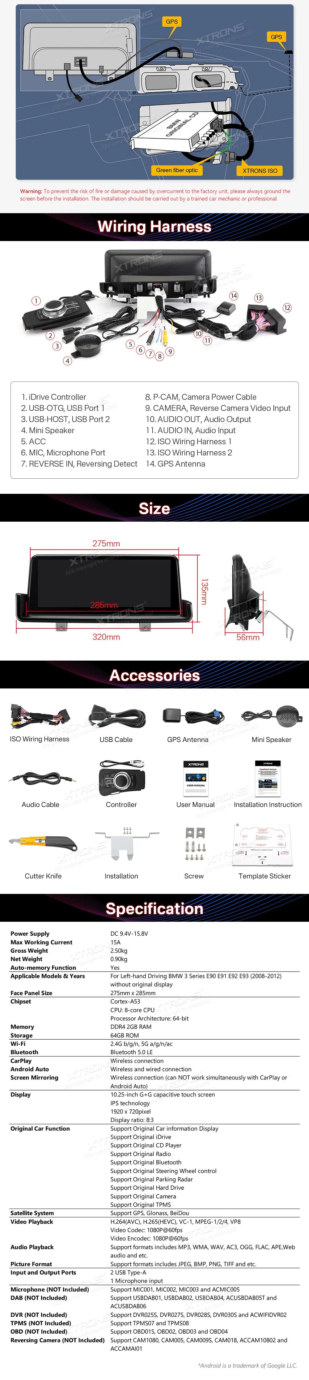 BMW E90 E91 E92 E93 be ekrano | Android OS | 10.25 inch | 4GB/64GB/8Core | Multimedija Xtrons QTB1090UNL