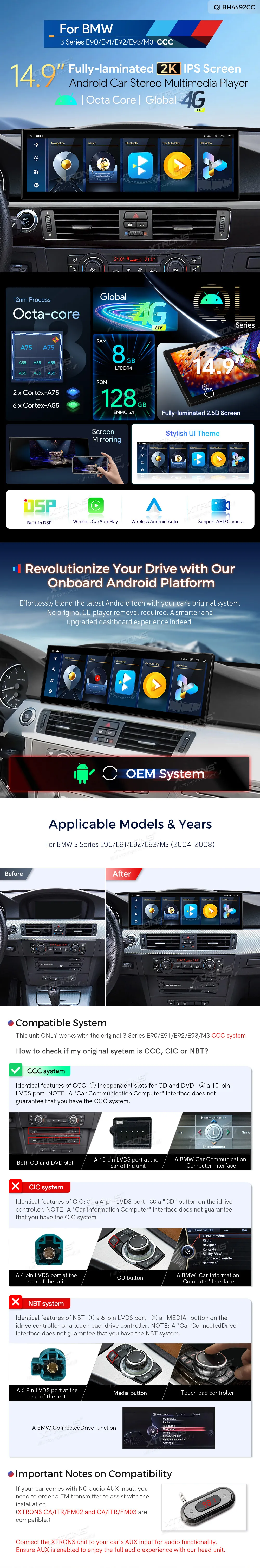 BMW E90 E91 E92 E93 CCC | Android OS | 14.9 inch | 8GB/128GB/8Core | Multimedija Xtrons QLBH4492CC3