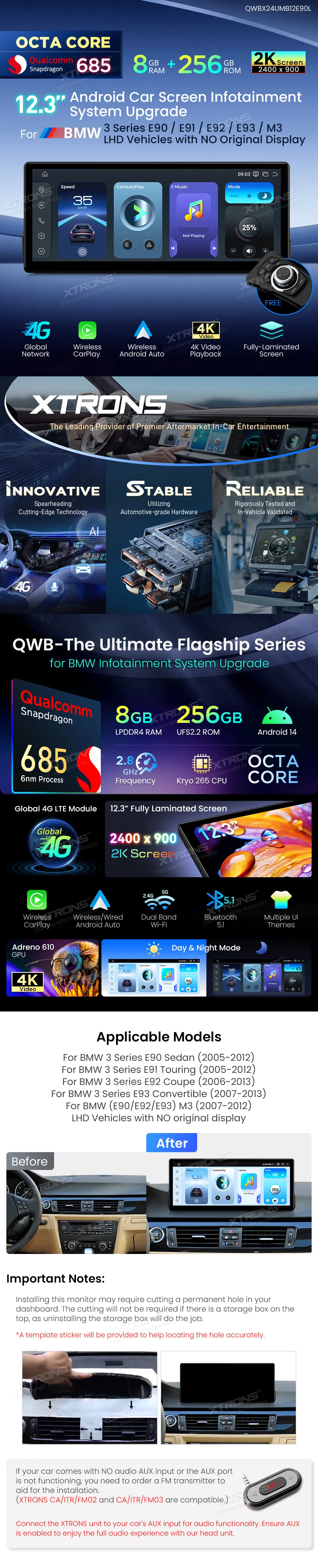 BMW E90 E91 E92 E93 be ekrano | Android 14 | 12.3 inch | 8GB/256GB/8Core Snapdragon | Multimedija Xtrons QWBX24UMB12E90L