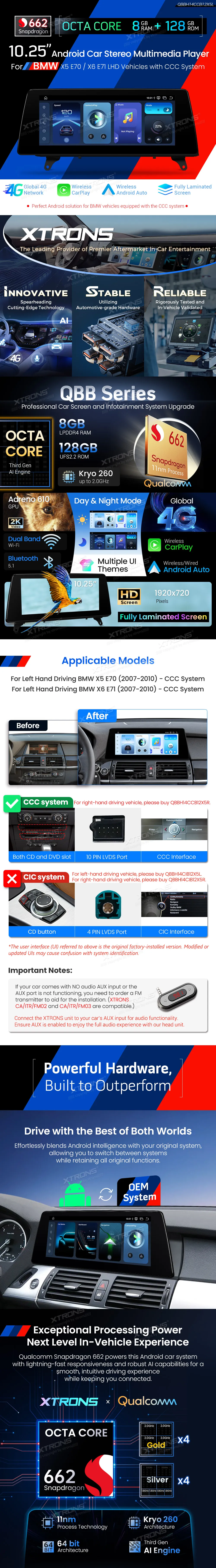 BMW X5 E70 X6 E71 CCC | Android OS | 10.25 inch | 8GB/128GB/8Core Snapdragon 662 | Multimedija Xtrons QBBH14CCB12X5L