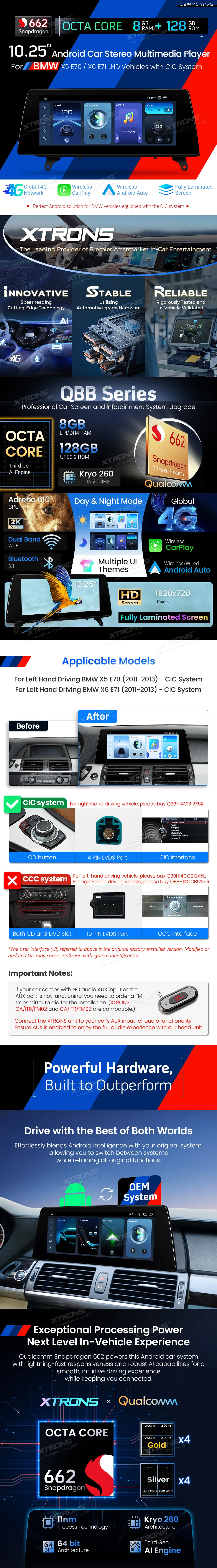 BMW X5 E70 X6 E71 CIC | Android OS | 10.25 inch | 8GB/128GB/8Core Snapdragon 662 | Multimedija Xtrons QBBH14CIB12X5L