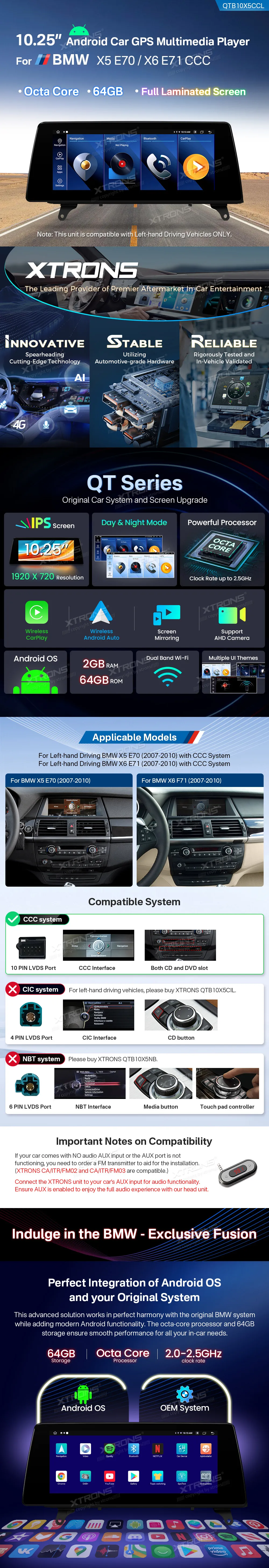 BMW X5 E70 X6 E71 CCC | Android OS | 10.25 inch | 2GB/64GB/8Core | Multimedija Xtrons QTB10X5CCL