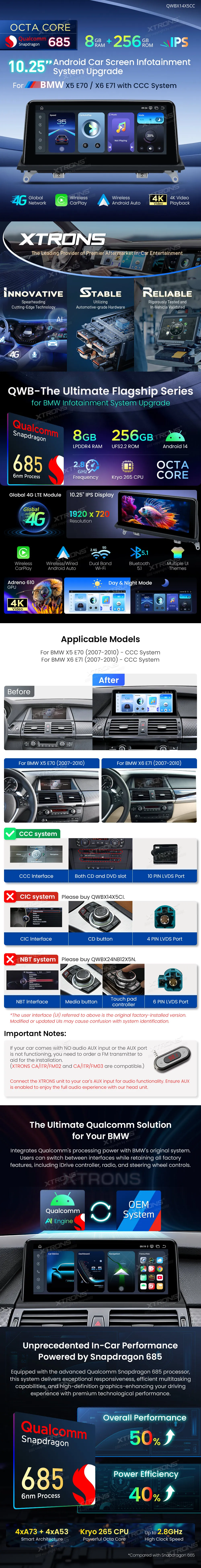 BMW X5 E70 X6 E71 CCC | Android 14 | 10.25 inch | 8GB/256GB/8Core Snapdragon 685 | Multimedija Xtrons QWBX14X5CC