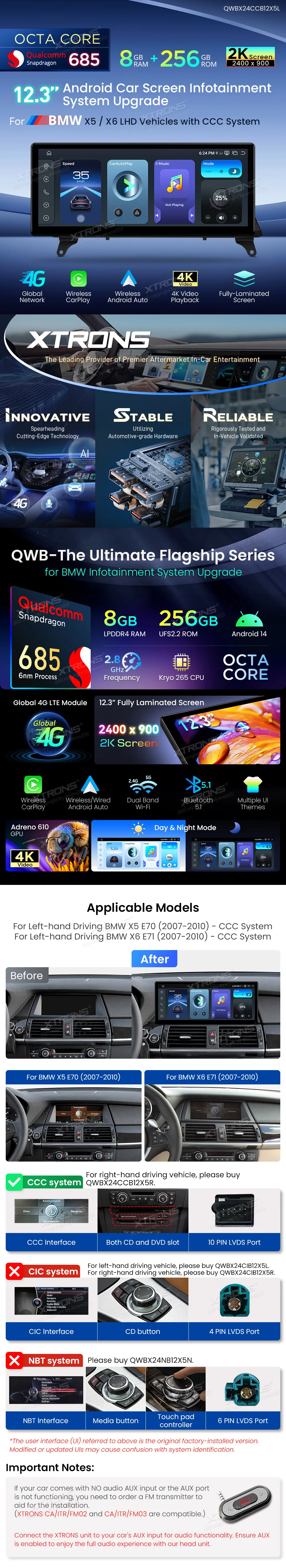 BMW X5 E70 X6 E71 CCC | Android 14 | 12.3 inch | 8GB/256GB/8Core Snapdragon 685 | Multimedija Xtrons QWBX24CCB12X5L