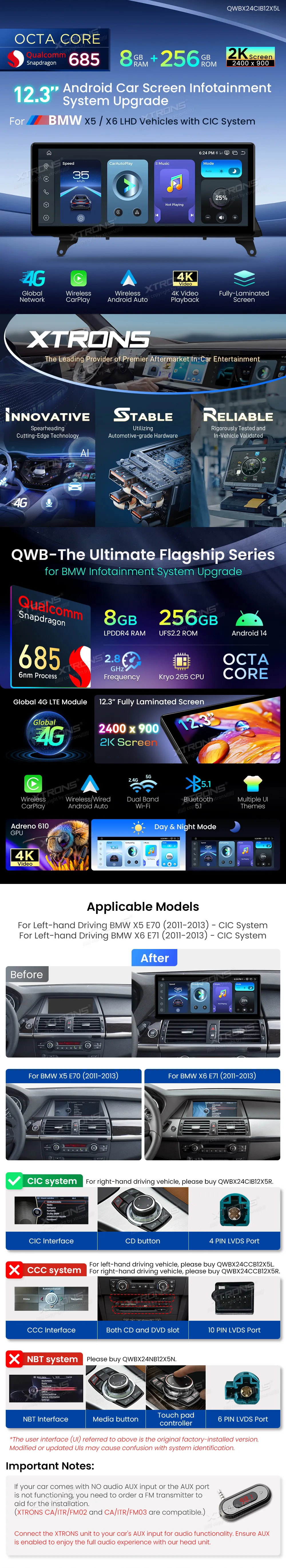 BMW X5 E70 X6 E71 CIC | Android 14 | 12.3 inch | 8GB/256GB/8Core Snapdragon 685 | Multimedija Xtrons QWBX24CIB12X5L
