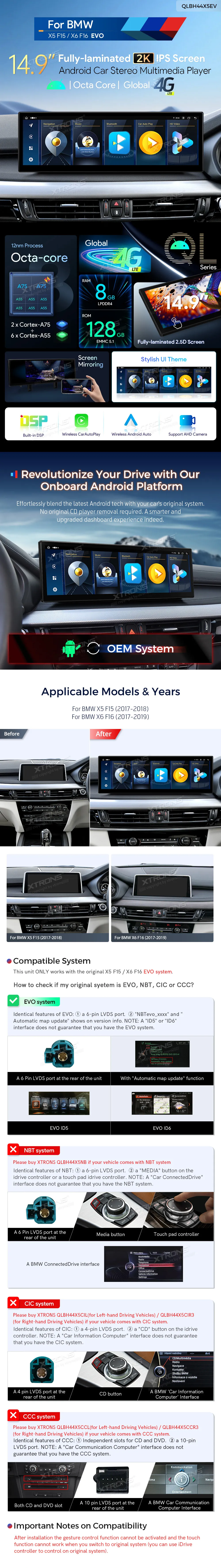 BMW X5 F15 X6 E16 EVO | Android OS | 14.9 inch | 8GB/128GB/8Core | Multimedija Xtrons QLBH44X5EV3