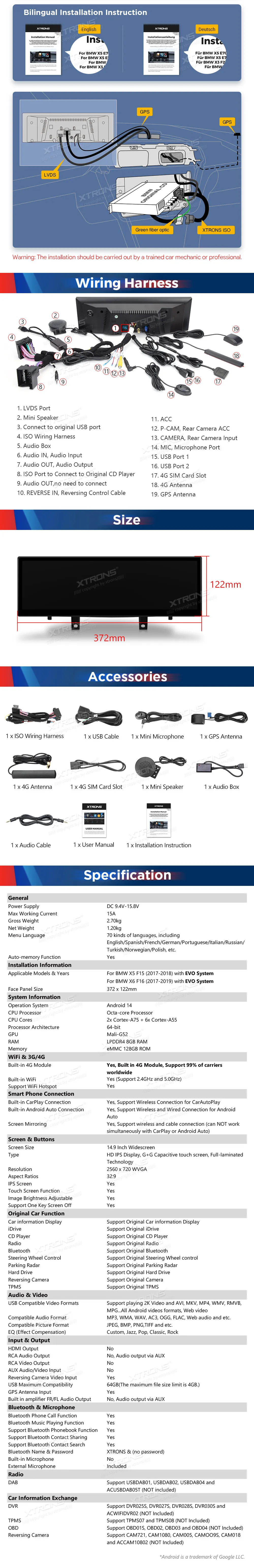 BMW X5 F15 X6 E16 EVO | Android OS | 14.9 inch | 8GB/128GB/8Core | Multimedija Xtrons QLBH44X5EV3