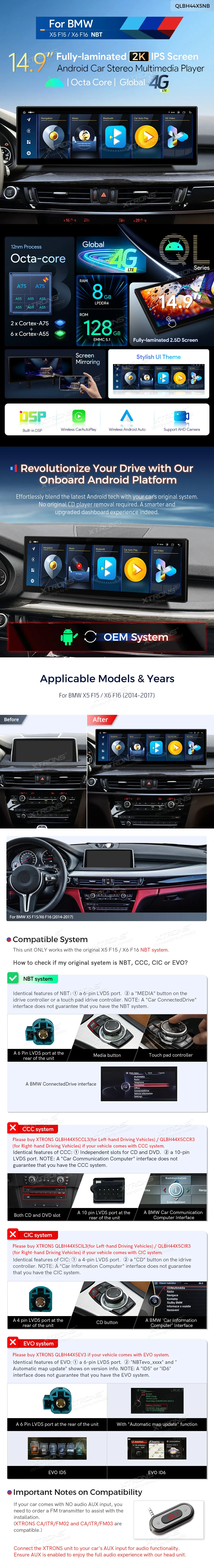 BMW X5 F15 X6 E16 NBT | Android OS | 14.9 inch | 8GB/128GB/8Core | Multimedija Xtrons QLBH44X5NB3