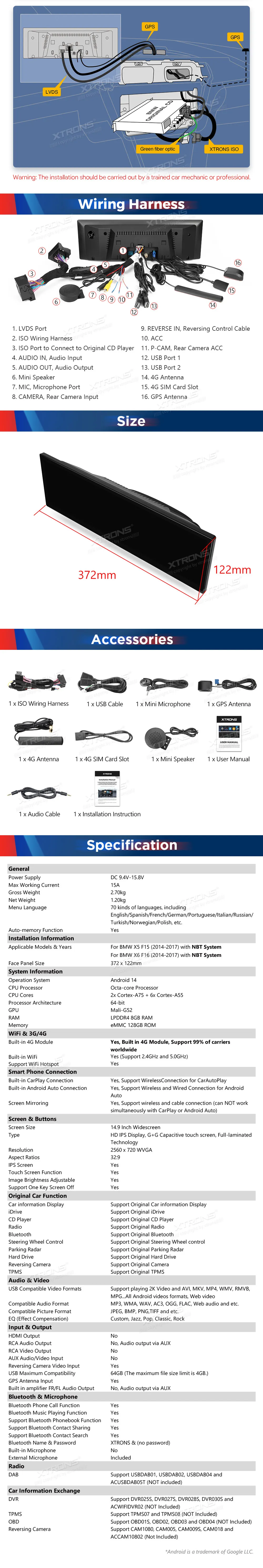 BMW X5 F15 X6 E16 NBT | Android OS | 14.9 inch | 8GB/128GB/8Core | Multimedija Xtrons QLBH44X5NB3