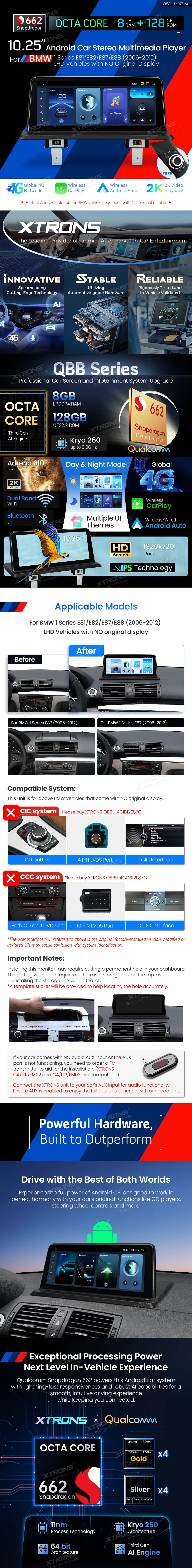 BMW E81 E82 E87 E88 be ekrano | Android OS | 10.25 inch | 8GB/128GB/8Core Snapdragon 662 | Multimedija Xtrons QBBH1487UNL