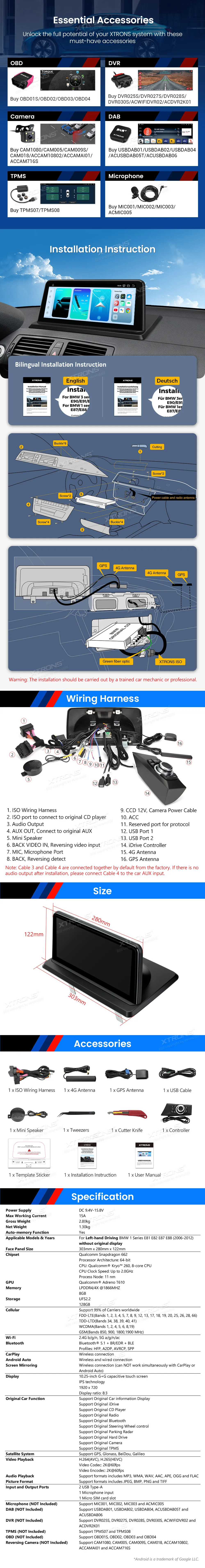 BMW E81 E82 E87 E88 be ekrano | Android OS | 10.25 inch | 8GB/128GB/8Core Snapdragon 662 | Multimedija Xtrons QBBH1487UNL