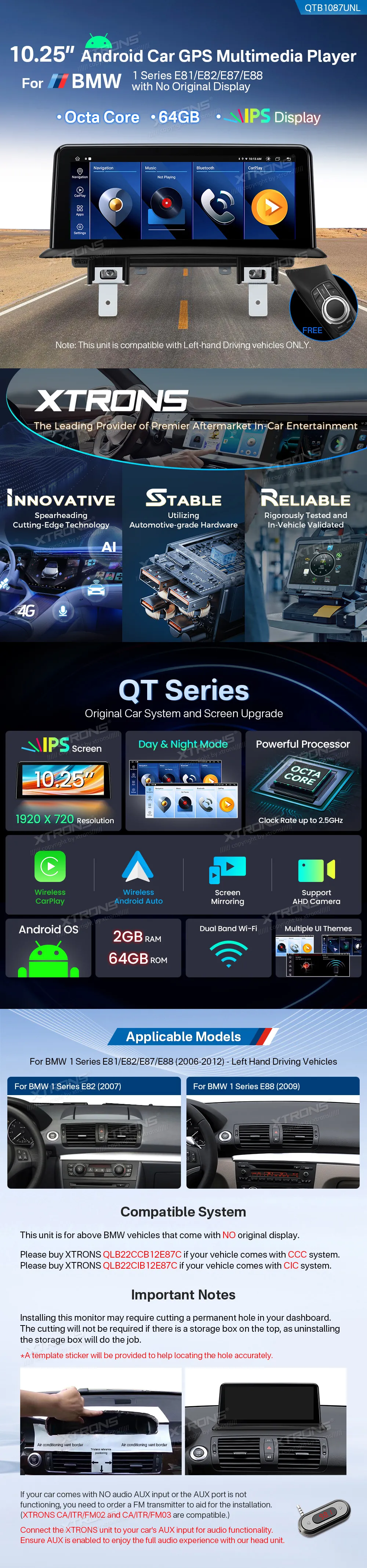 BMW E81 E82 E87 E88 be ekrano | Android OS | 10.25 inch | 2GB/64GB/8Core | Multimedija Xtrons QTB1087UNL