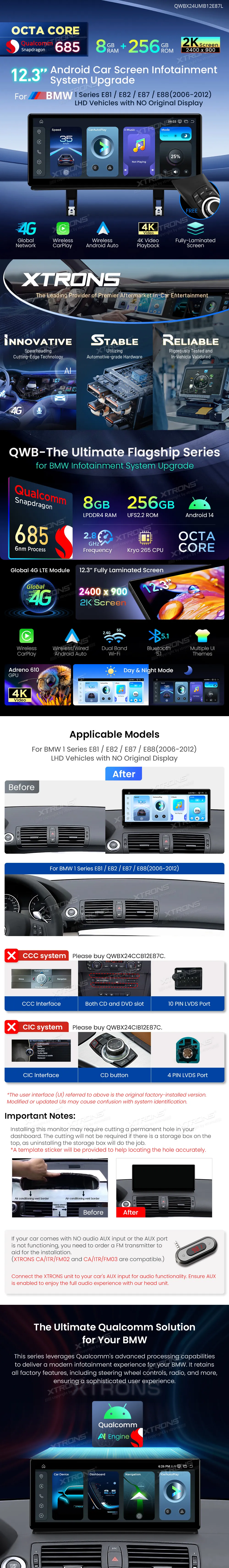 BMW E81 E82 E87 E88 be ekrano | Android 14 | 12.3 inch | 8GB/256GB/8Core Snapdragon 685 | Multimedija Xtrons QWBX24UMB12E87L