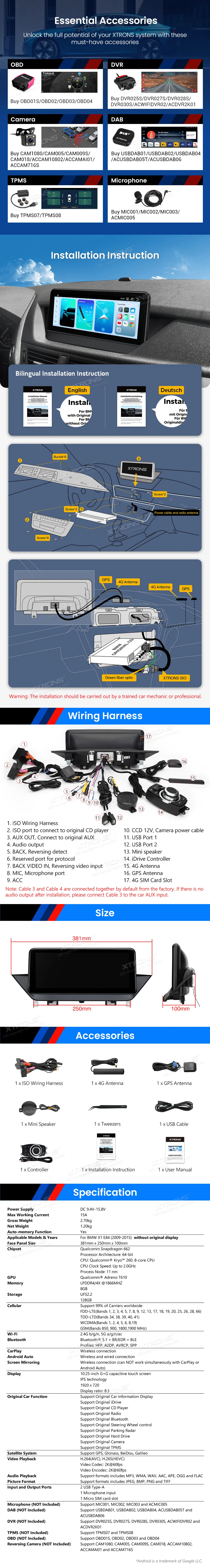 BMW X1 E84 be ekrano | Android OS | 10.25 inch | 8GB/128GB/8Core Snapdragon 662 | Multimedija Xtrons QBBH14X1UN