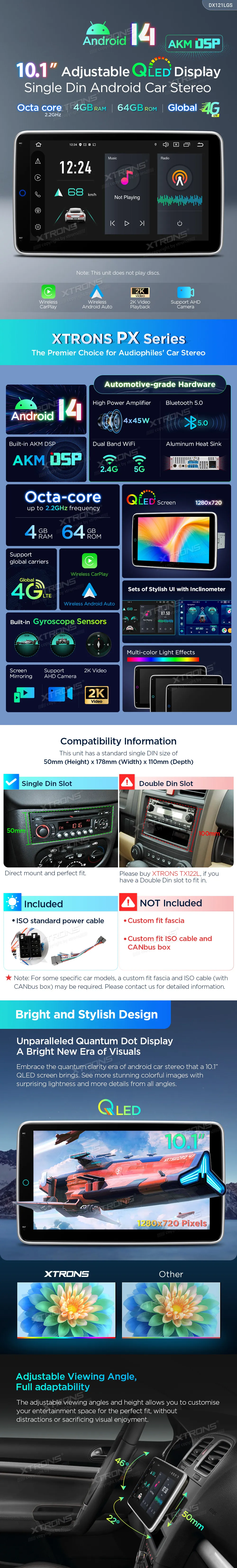 Universali 1-DIN Multimedija | Android 14 | 10.1 inch QLED | 4GB/64GB/8Core | Multimedija Xtrons DX121LGS