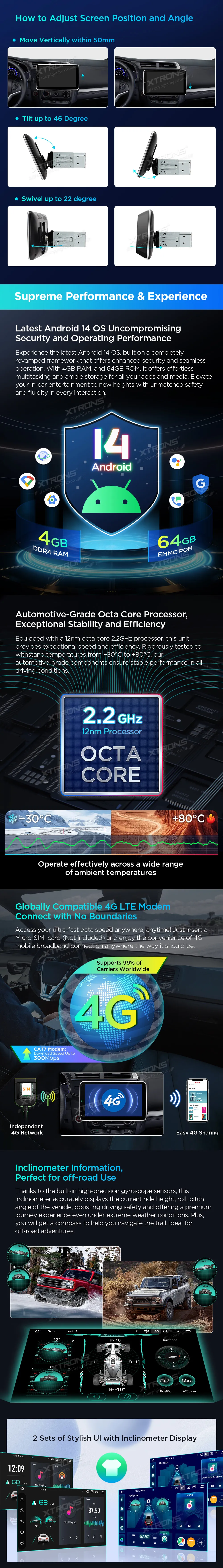 Universali 1-DIN Multimedija | Android 14 | 10.1 inch QLED | 4GB/64GB/8Core | Multimedija Xtrons DX121LGS