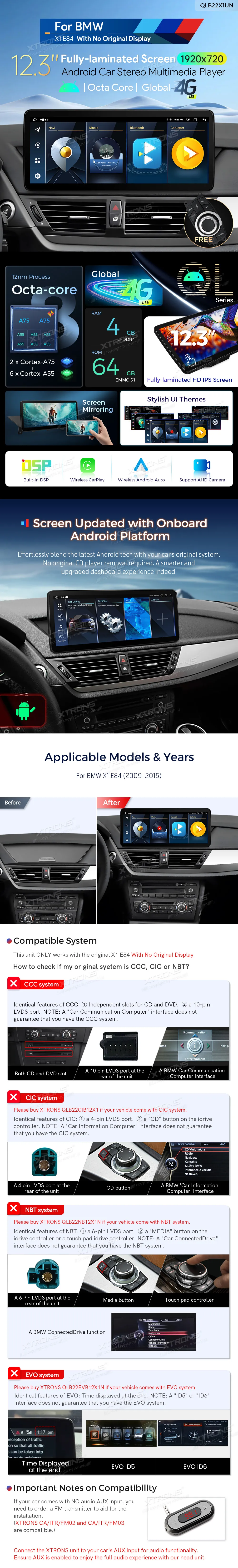 BMW X1 E84 be ekrano | Android OS | 12.3 inch | 4GB/64GB/8Core | Multimedija Xtrons QLB22X1UN