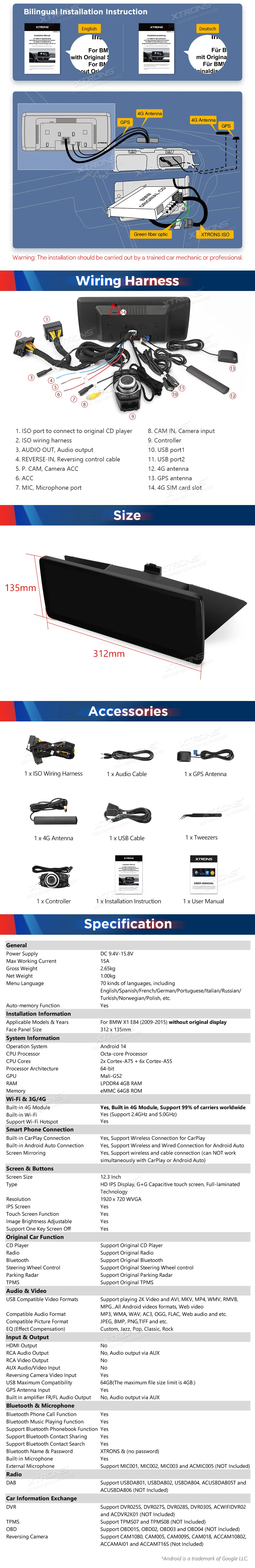 BMW X1 E84 be ekrano | Android OS | 12.3 inch | 4GB/64GB/8Core | Multimedija Xtrons QLB22X1UN