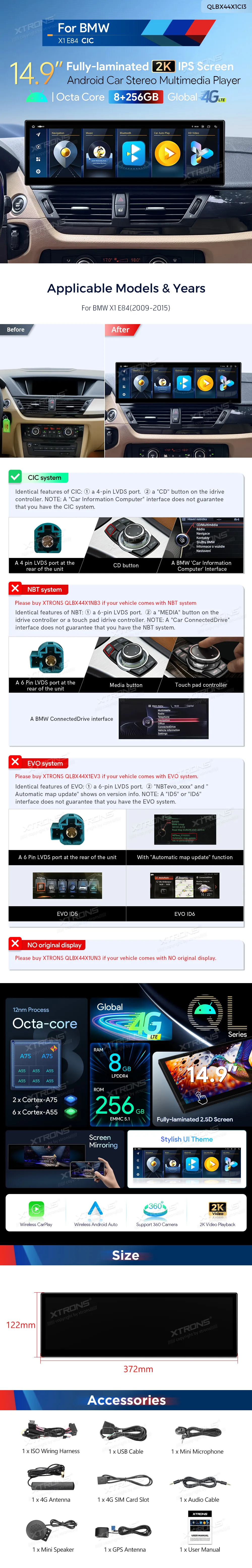 BMW X1 E84 CIC | Android OS | 14.9 inch | 8GB/256GB/8Core | Multimedija Xtrons QLBX44X1CI3