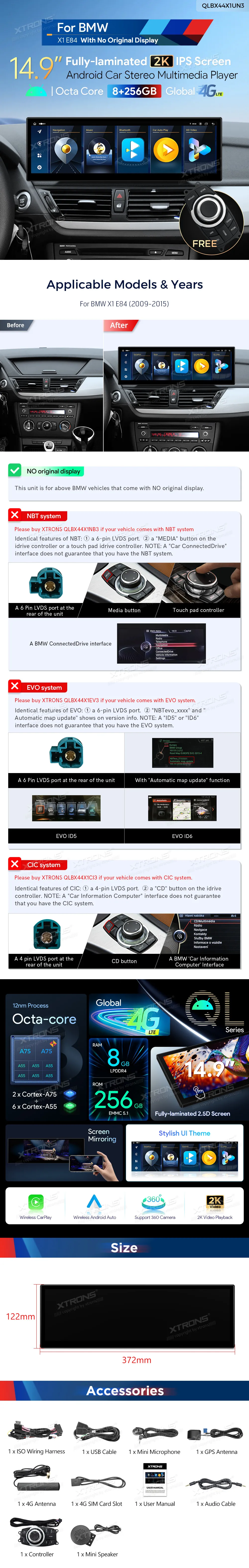 BMW X1 E84 be ekrano | Android OS | 14.9 inch | 8GB/256GB/8Core | Multimedija Xtrons QLBX44X1UN3