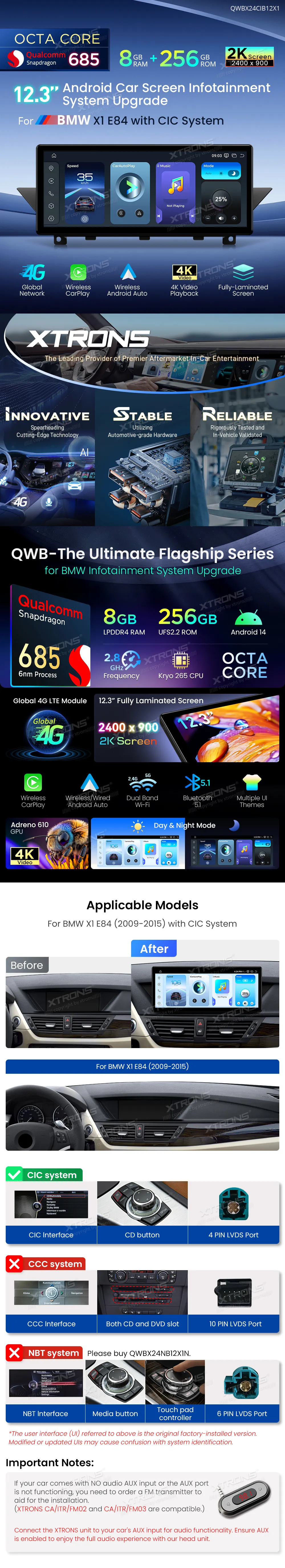 BMW X1 E84 CIC | Android 14 | 12.3 inch | 8GB/256GB/8Core Snapdragon 685 | Multimedija Xtrons QWBX24CIB12X1