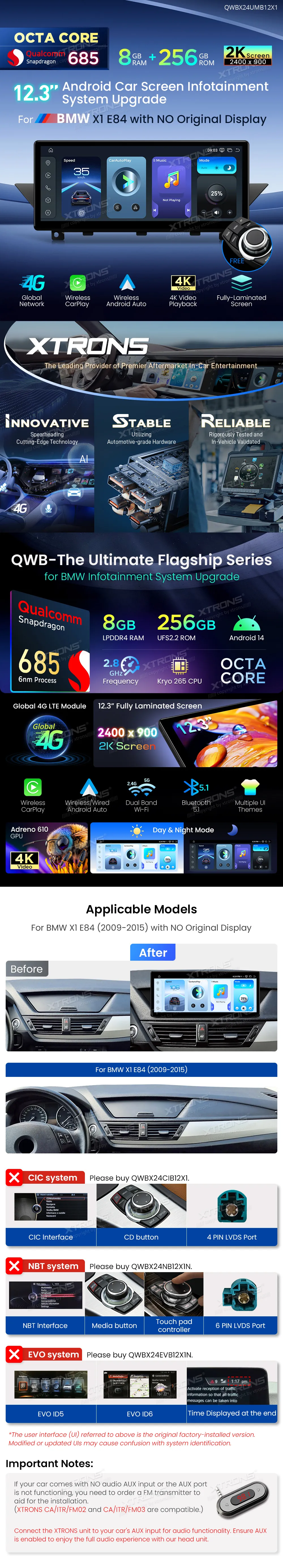 BMW X1 E84 be ekrano | Android 14 | 12.3 inch | 8GB/256GB/8Core Snapdragon 685 | Multimedija Xtrons QWBX24UMB12X1