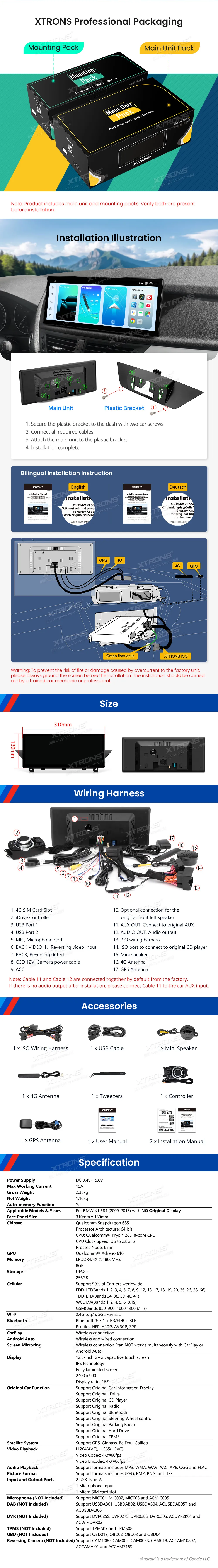 BMW X1 E84 be ekrano | Android 14 | 12.3 inch | 8GB/256GB/8Core Snapdragon 685 | Multimedija Xtrons QWBX24UMB12X1