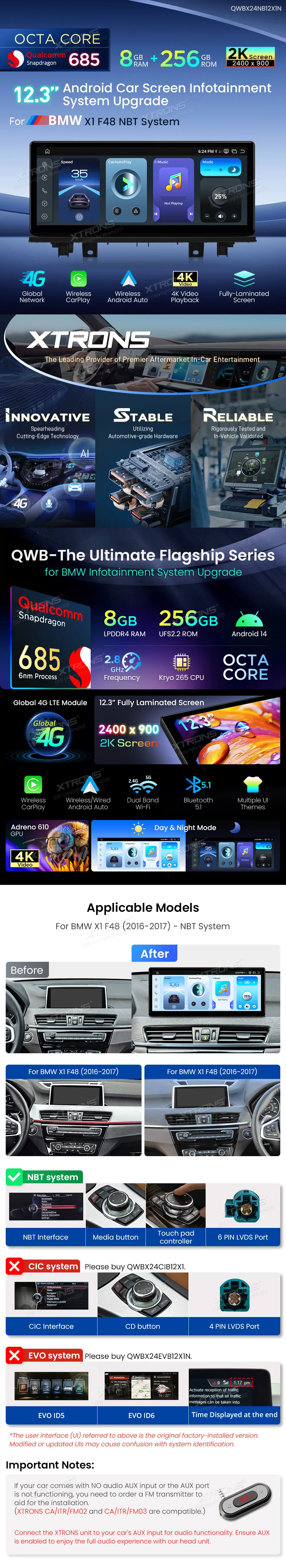 BMW X1 F48 NBT | Android 14 | 12.3 inch | 8GB/256GB/8Core Snapdragon 685 | Multimedija Xtrons QWBX24NB12X1N