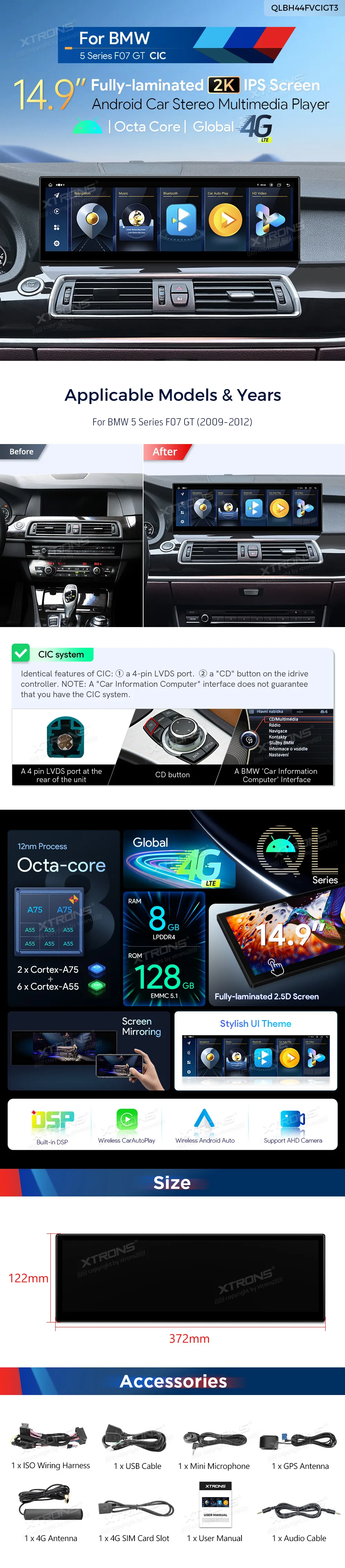 BMW 5 07 GT CIC | Android OS | 14.9 inch | 8GB/128GB/8Core | Multimedija Xtrons QLBH44FVCIGT3