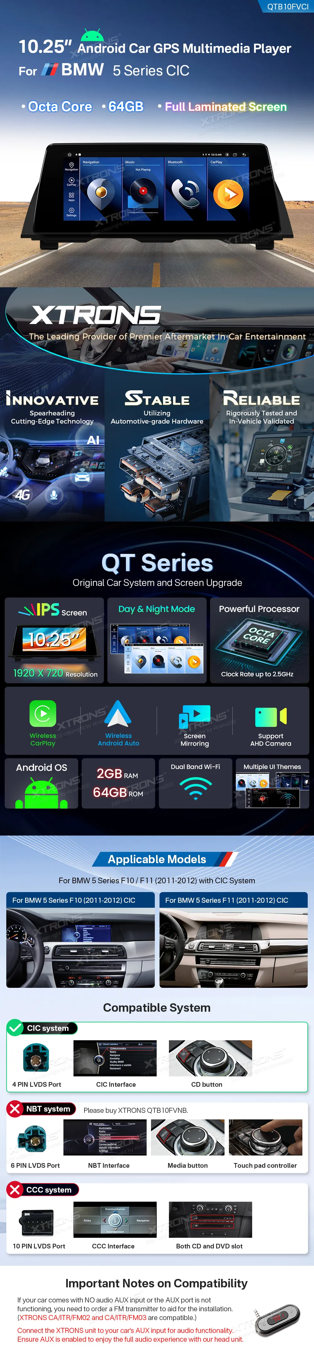 BMW 5 F10 F11 CIC | Android OS | 10.25 inch | 2GB/64GB/8Core | Multimedija Xtrons QTB10FVCI