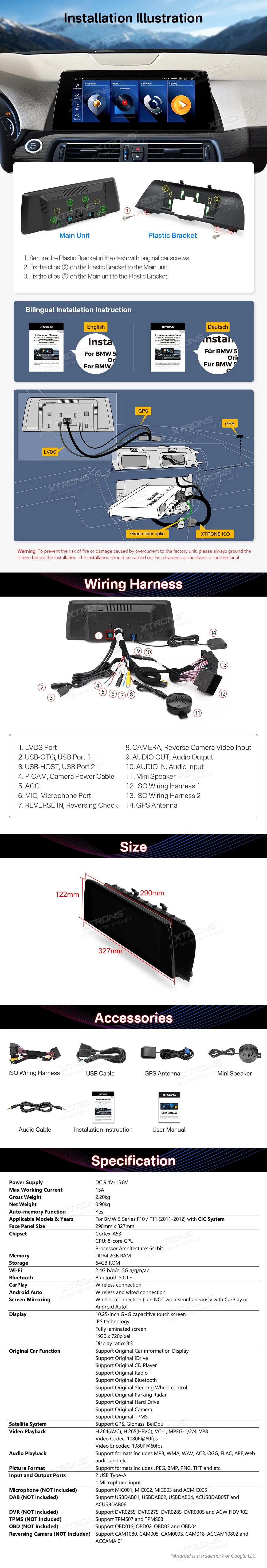 BMW 5 F10 F11 CIC | Android OS | 10.25 inch | 2GB/64GB/8Core | Multimedija Xtrons QTB10FVCI