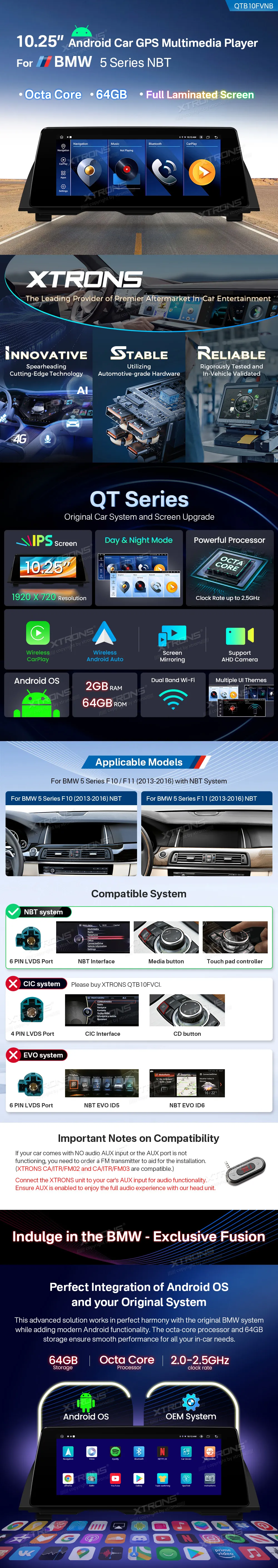 BMW 5 F10 F11 NBT | Android OS | 10.25 inch | 2GB/64GB/8Core | Multimedija Xtrons QTB10FVNB