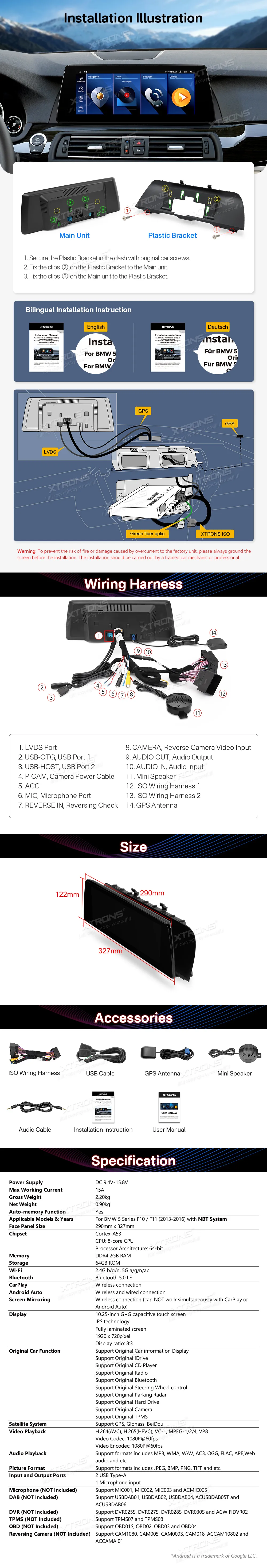 BMW 5 F10 F11 NBT | Android OS | 10.25 inch | 2GB/64GB/8Core | Multimedija Xtrons QTB10FVNB
