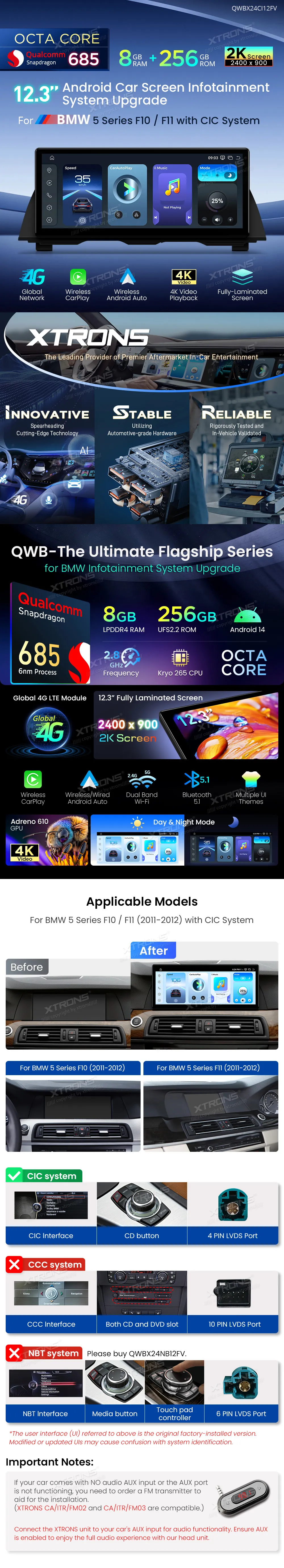 BMW 5 F10 F11 CIC | Android 14 | 12.3 inch | 8GB/256GB/8Core Snapdragon 685 | Multimedija Xtrons QWBX24CIB12FV