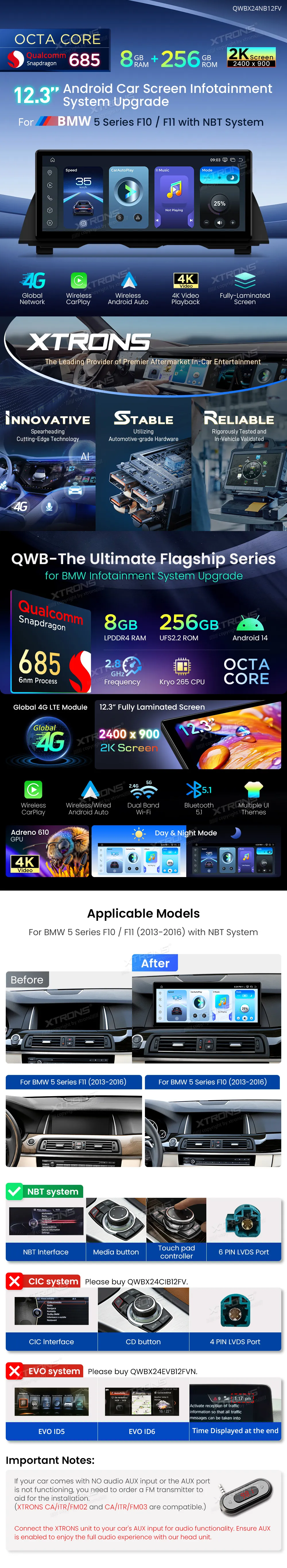 BMW 5 F10 F11 NBT | Android 14 | 12.3 inch | 8GB/256GB/8Core Snapdragon 685 | Multimedija Xtrons QWBX24NB12FV